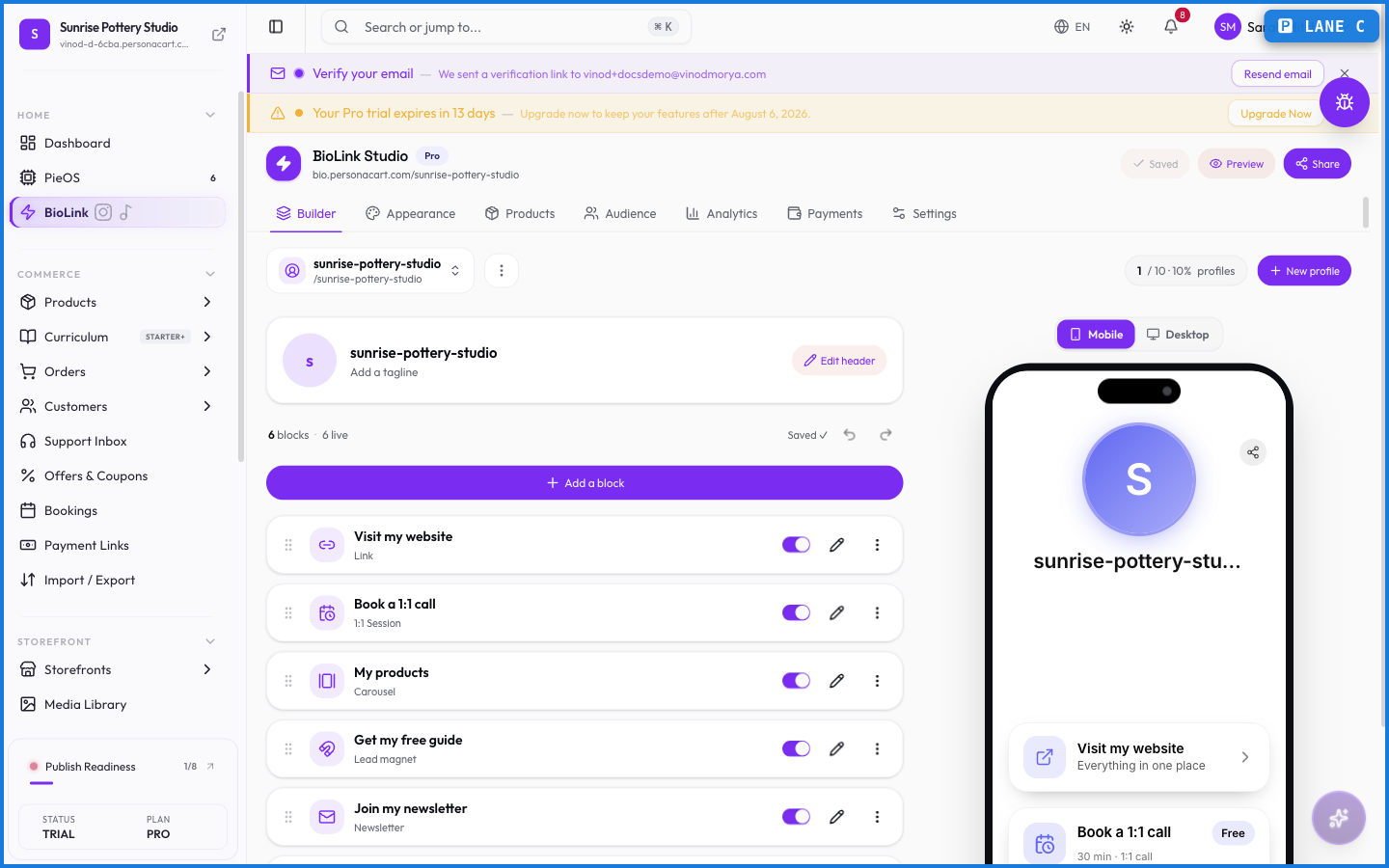 The BioLink Studio editor with blocks for links and content on a link-in-bio page
