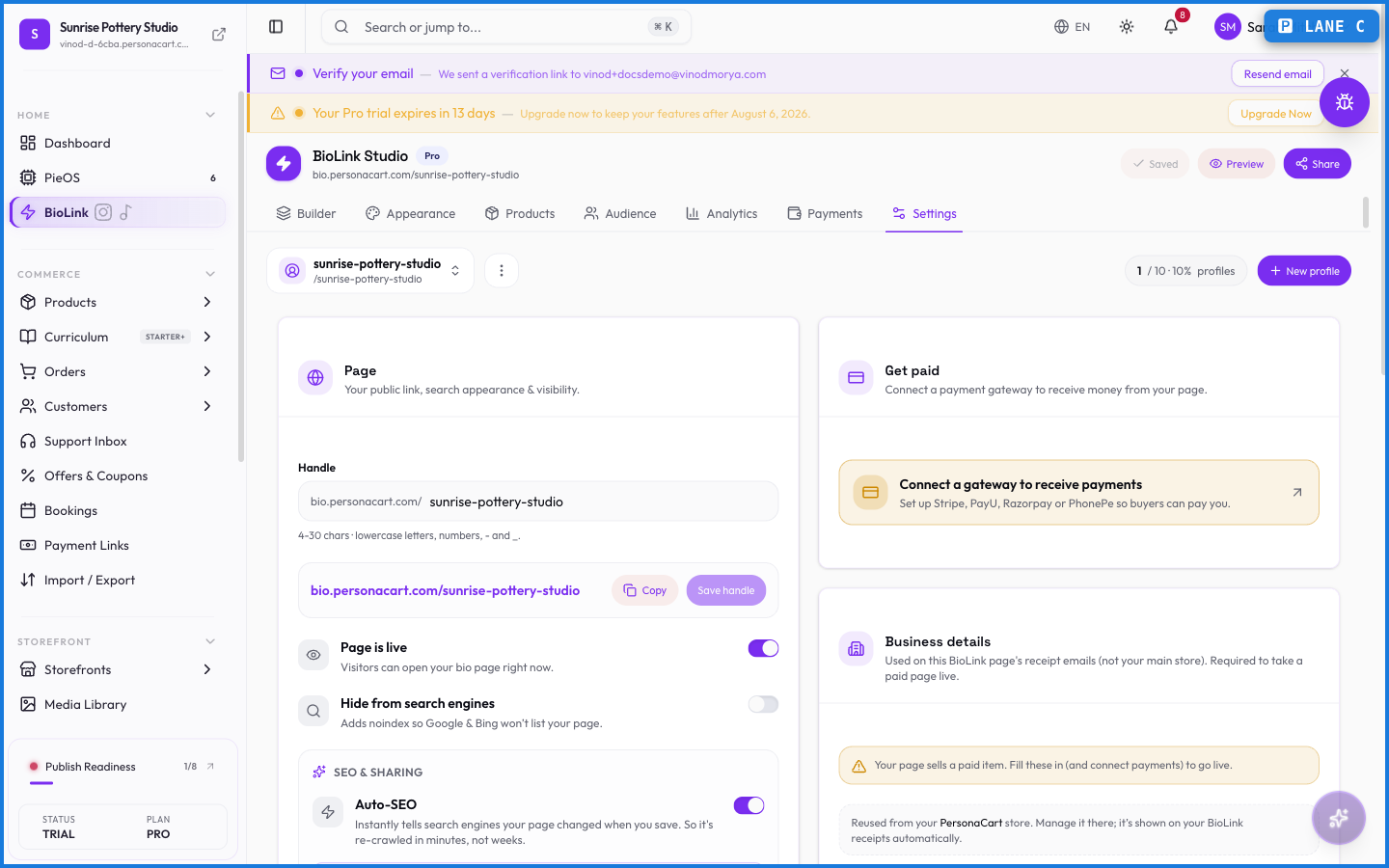 BioLink settings for appearance, address, and page options