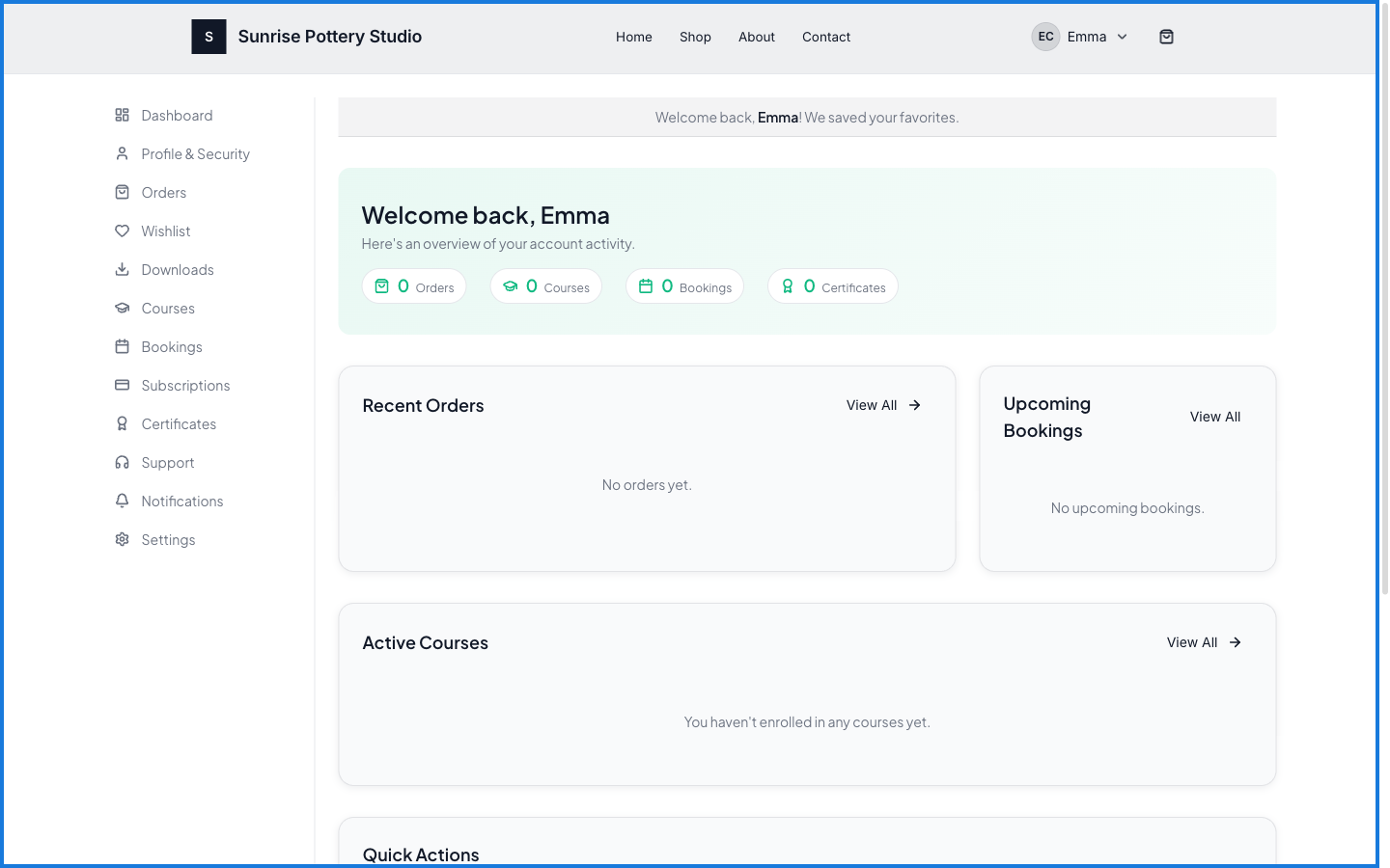 The buyer account dashboard with counters for orders, courses, bookings and certificates