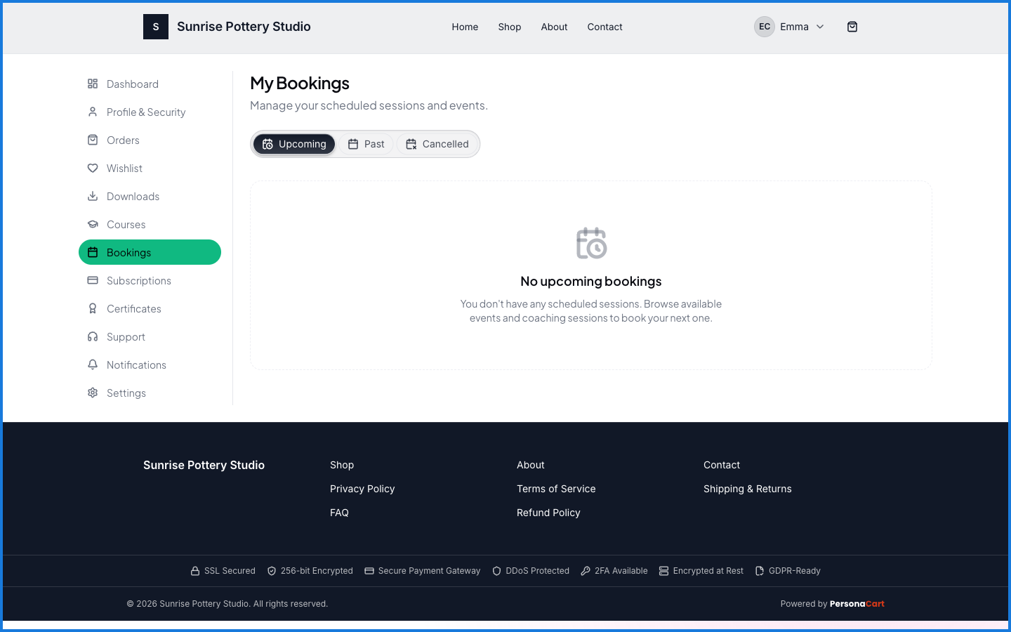 The buyer account Bookings section listing scheduled sessions