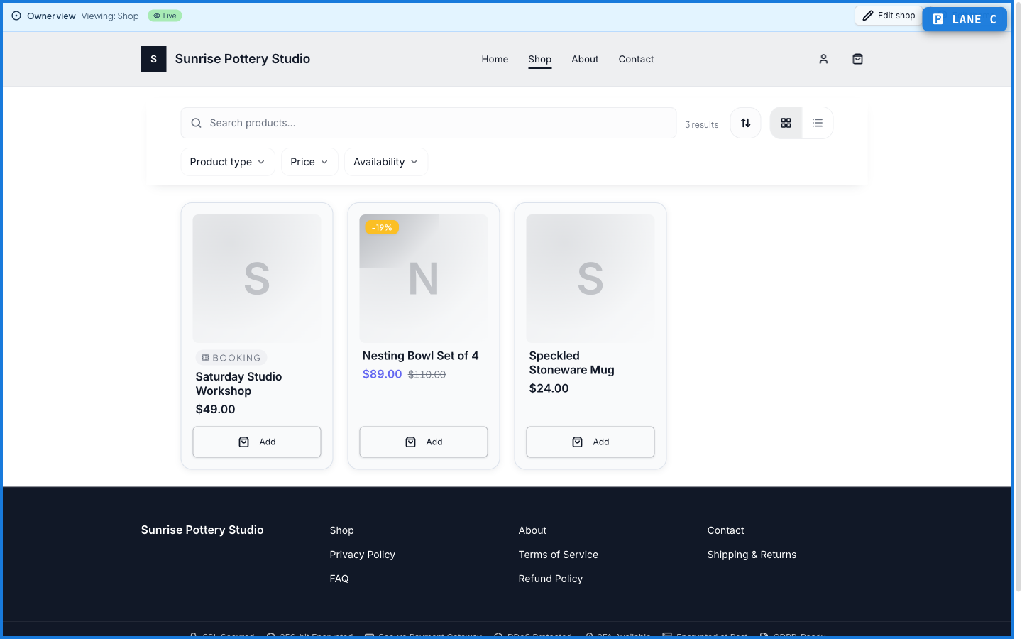 A PersonaCart store's shop grid with product cards and prices in USD