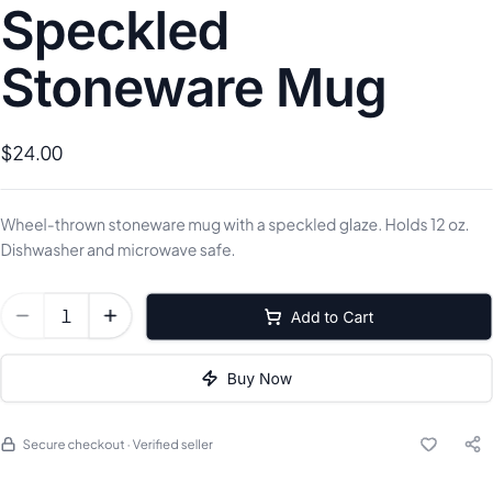 A product page showing price, description, Add to Cart and Buy Now buttons