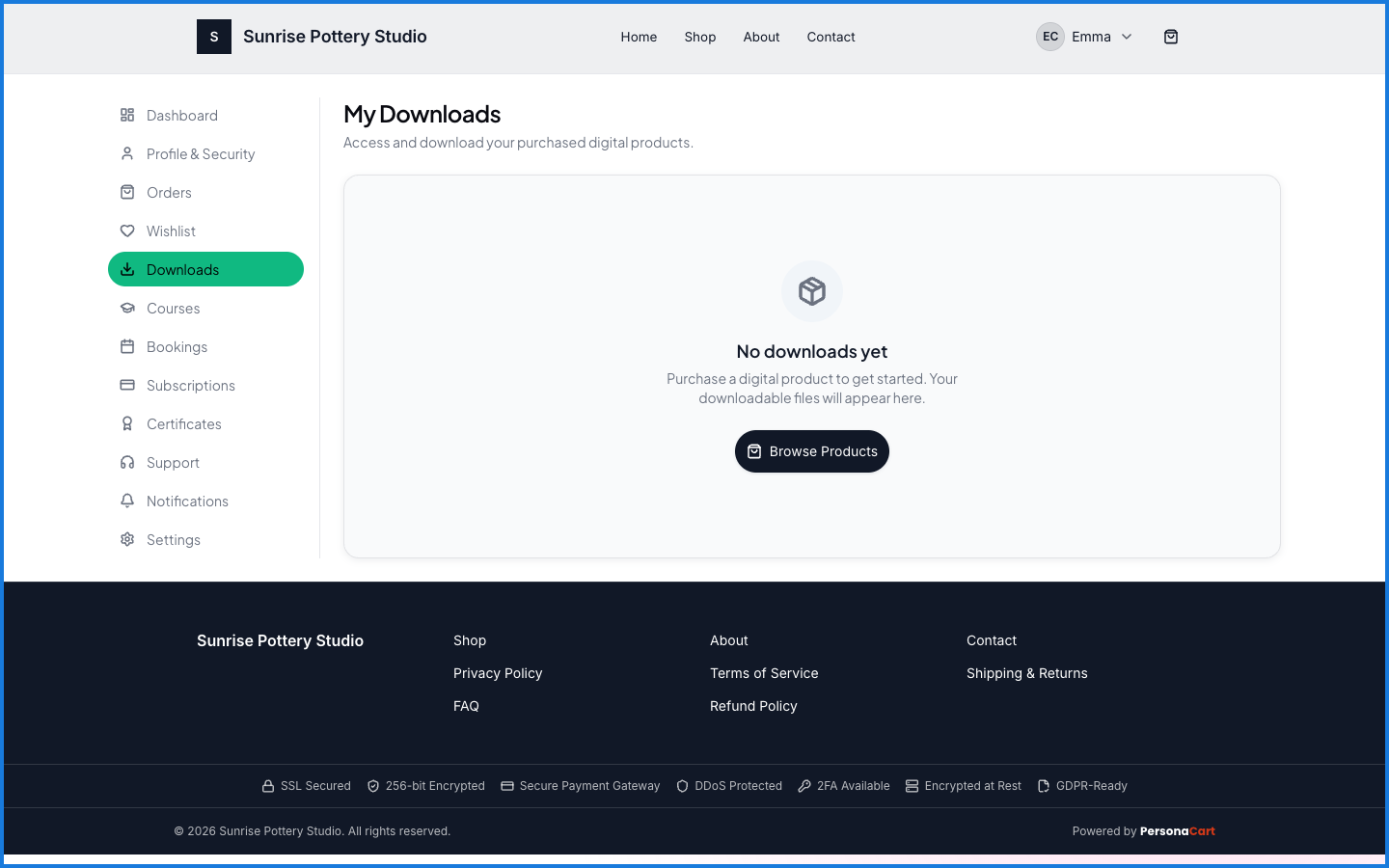 The buyer account Downloads section listing purchased digital products