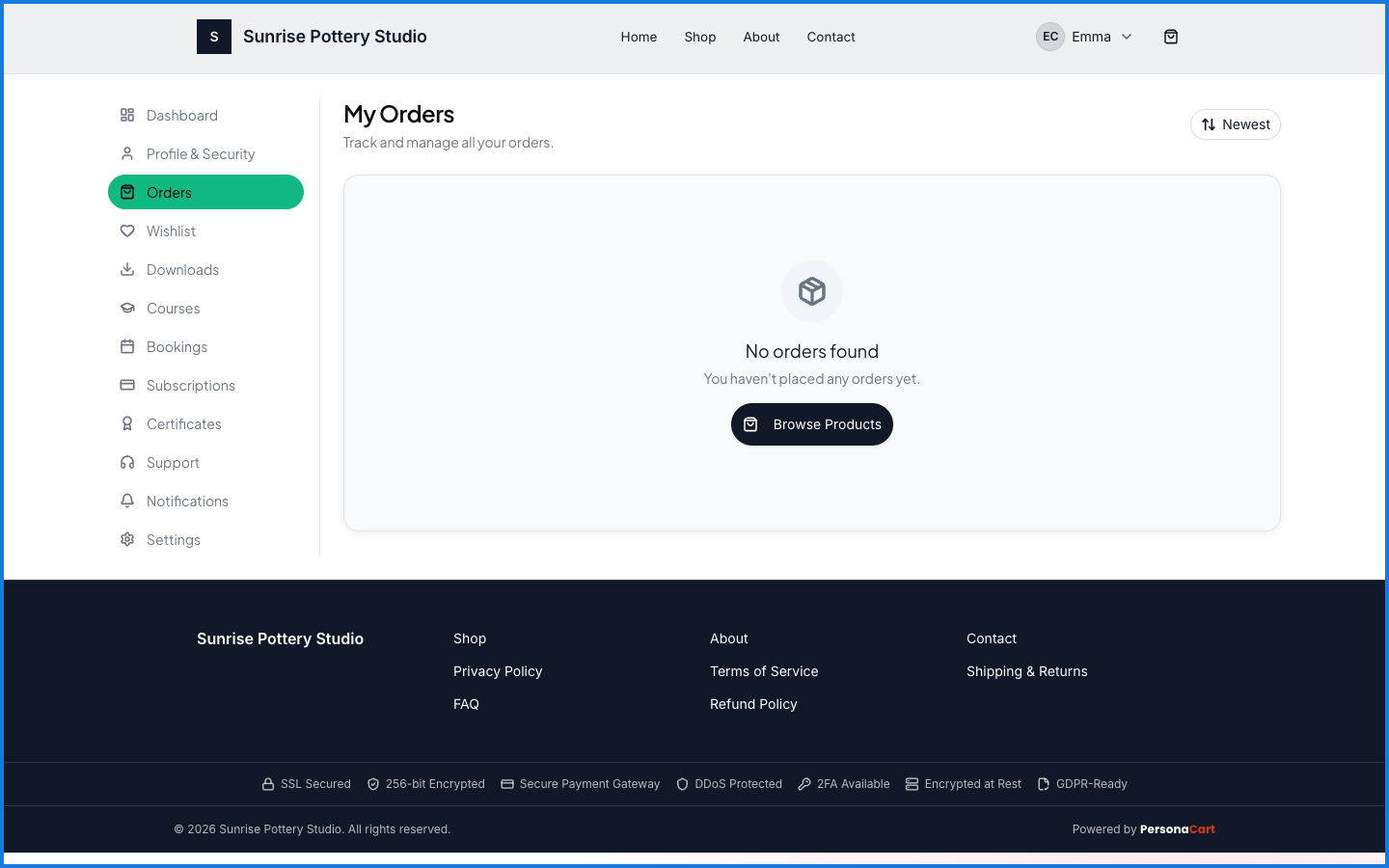 The buyer account Orders page listing past orders and their status