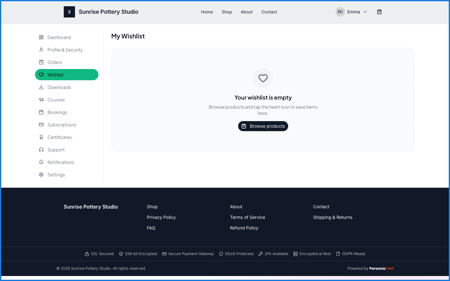 The buyer account Wishlist section