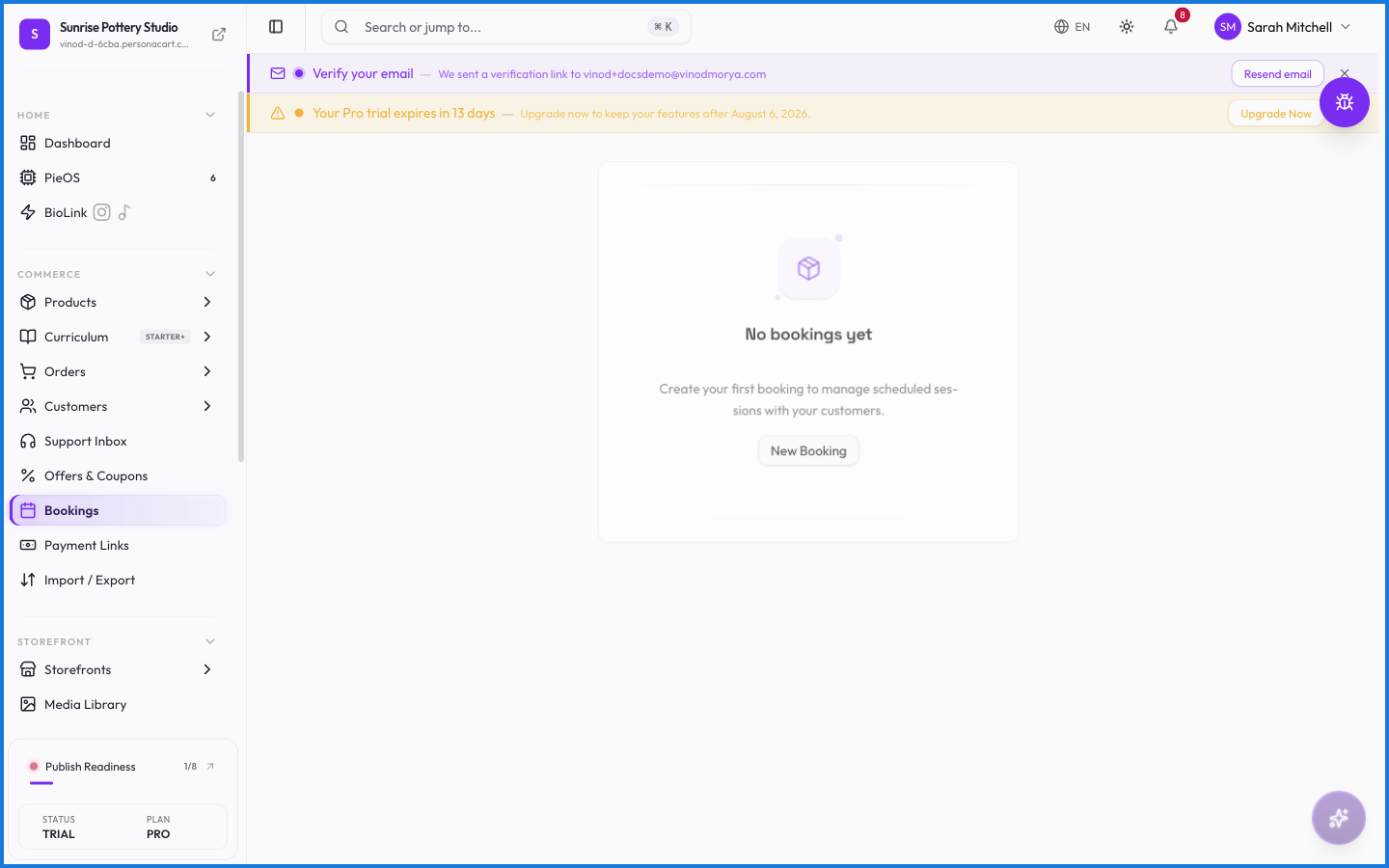 The Bookings page with a list of events on the left showing dates, locations, and registration counts, and a calendar on the right