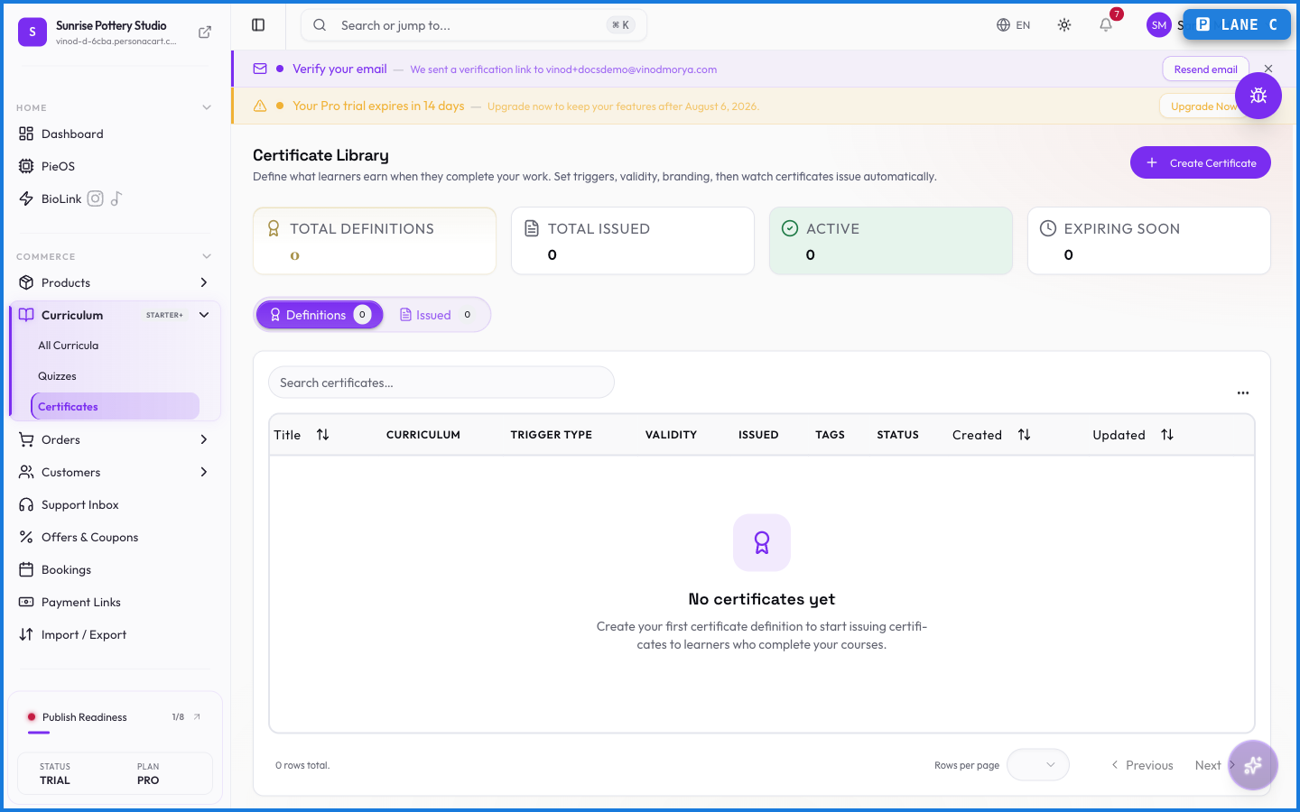 The Certificates area of the curriculum tools, showing certificate templates or the upgrade prompt on plans without course features