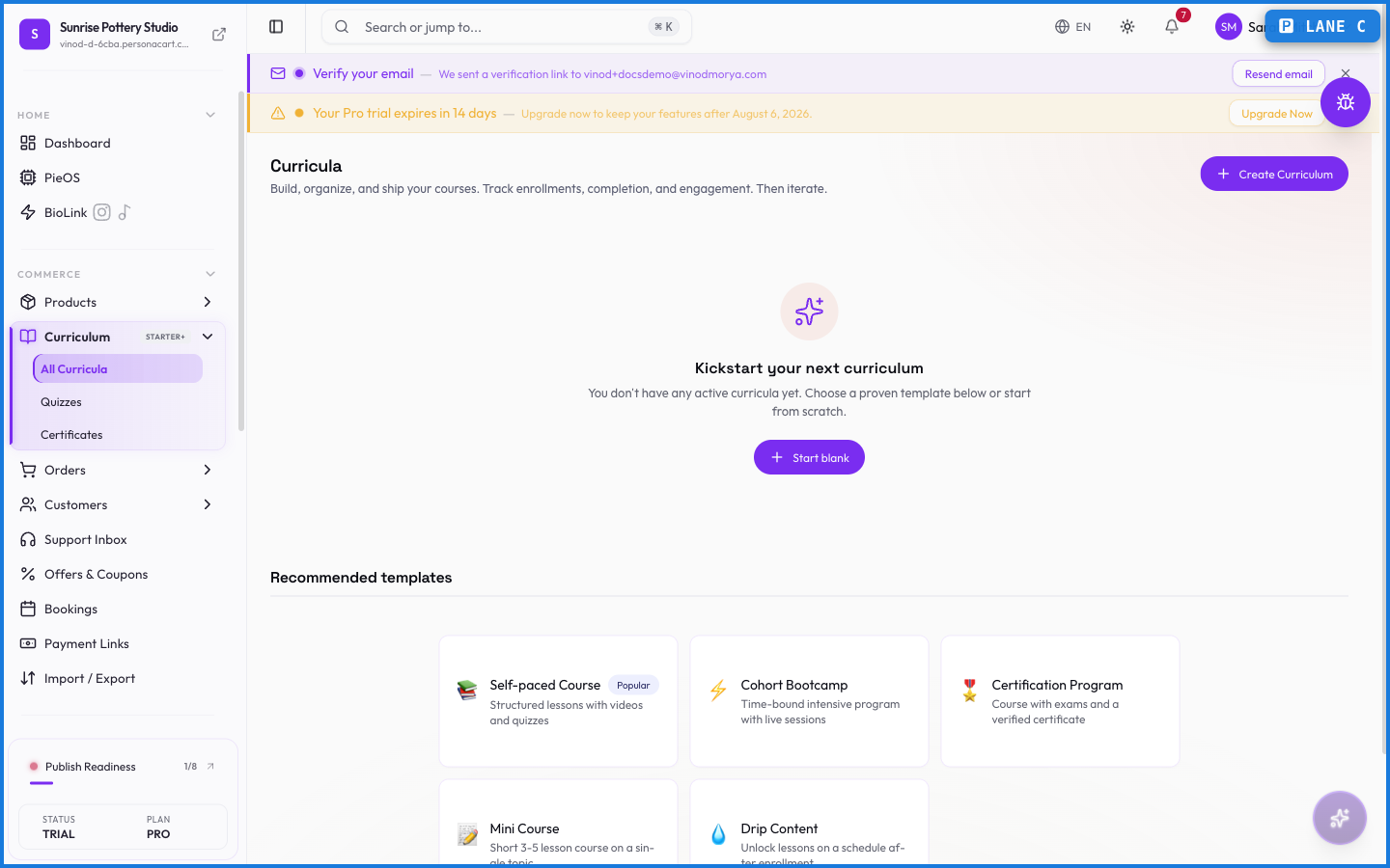 The Curricula dashboard showing course cards, or the upgrade prompt shown when curriculum tools aren't on your current plan