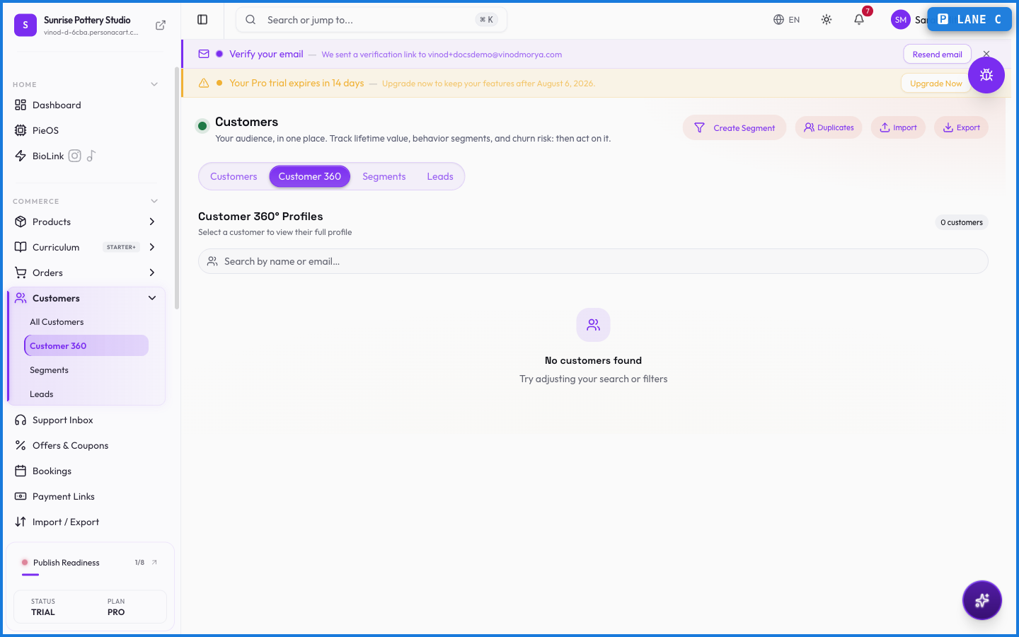 The Customer 360 view showing a customer's profile, lifetime value, order history, and activity in one place