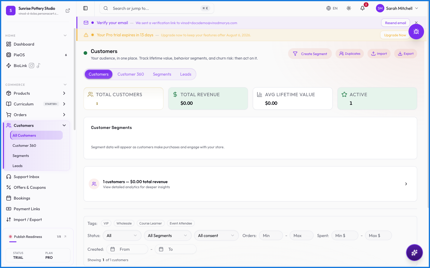 The Customers page with tag filter badges, additional filters for status, orders, and spend, and the customer table