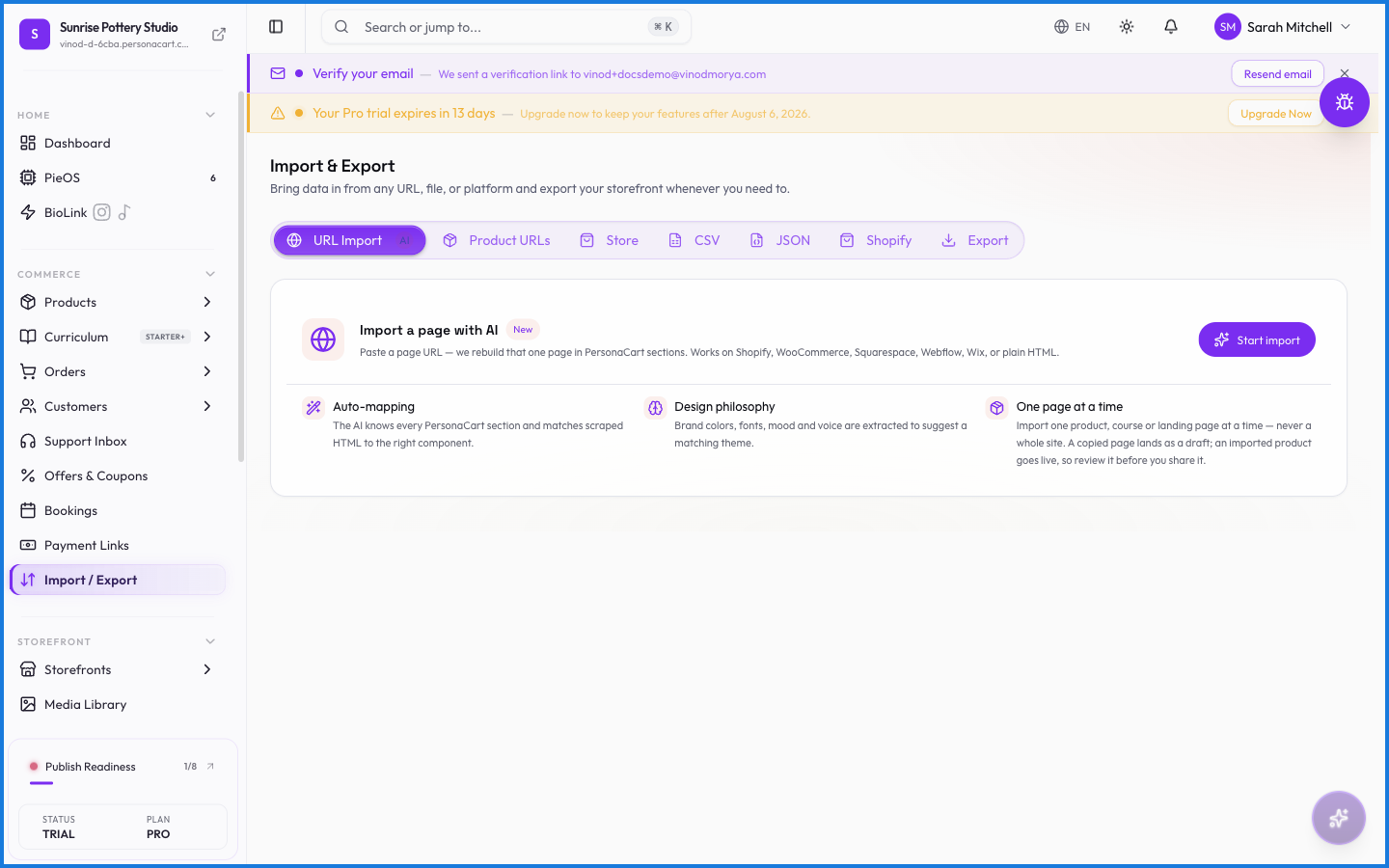 The Import and Export page with options to upload a CSV for import and buttons to export products, orders, and customers