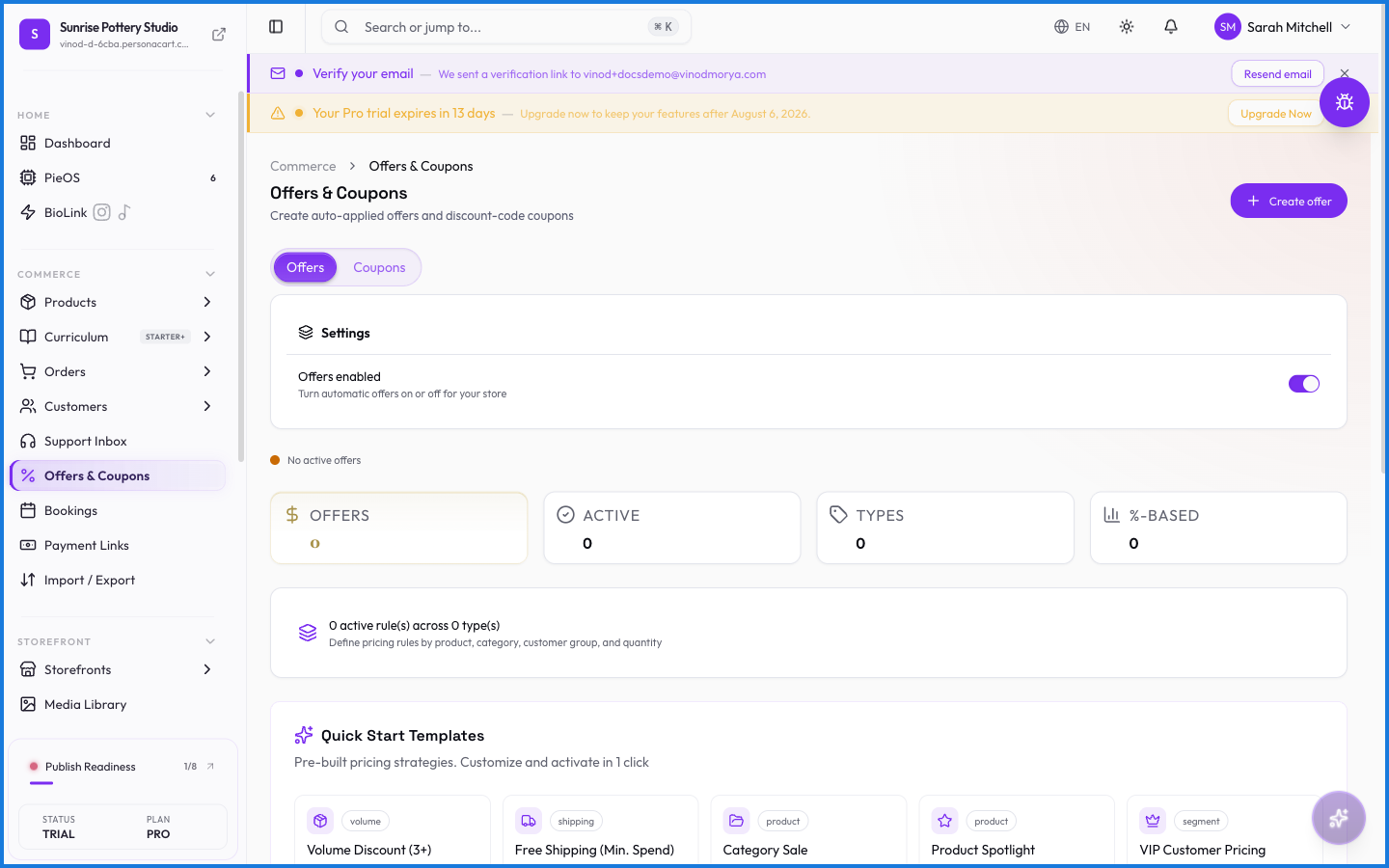 The Offers and Coupons page with Coupons and Pricing Rules tabs, a coupon table, and a Create Coupon button