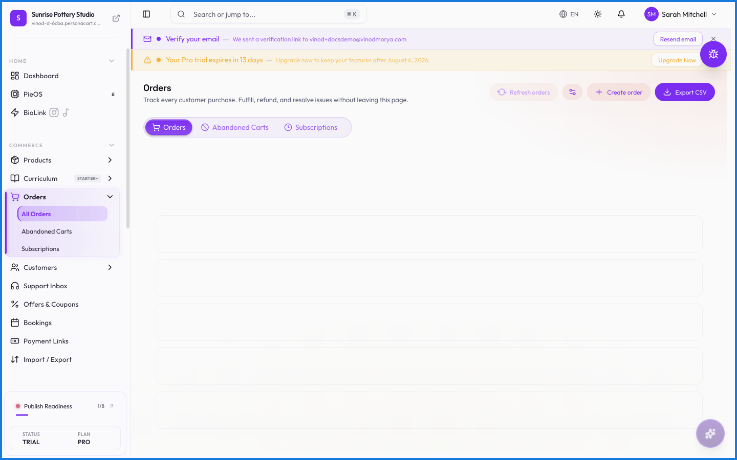 The Orders page with KPI cards for total orders, revenue, cancelled, and refunded, above a status filter bar and the orders table