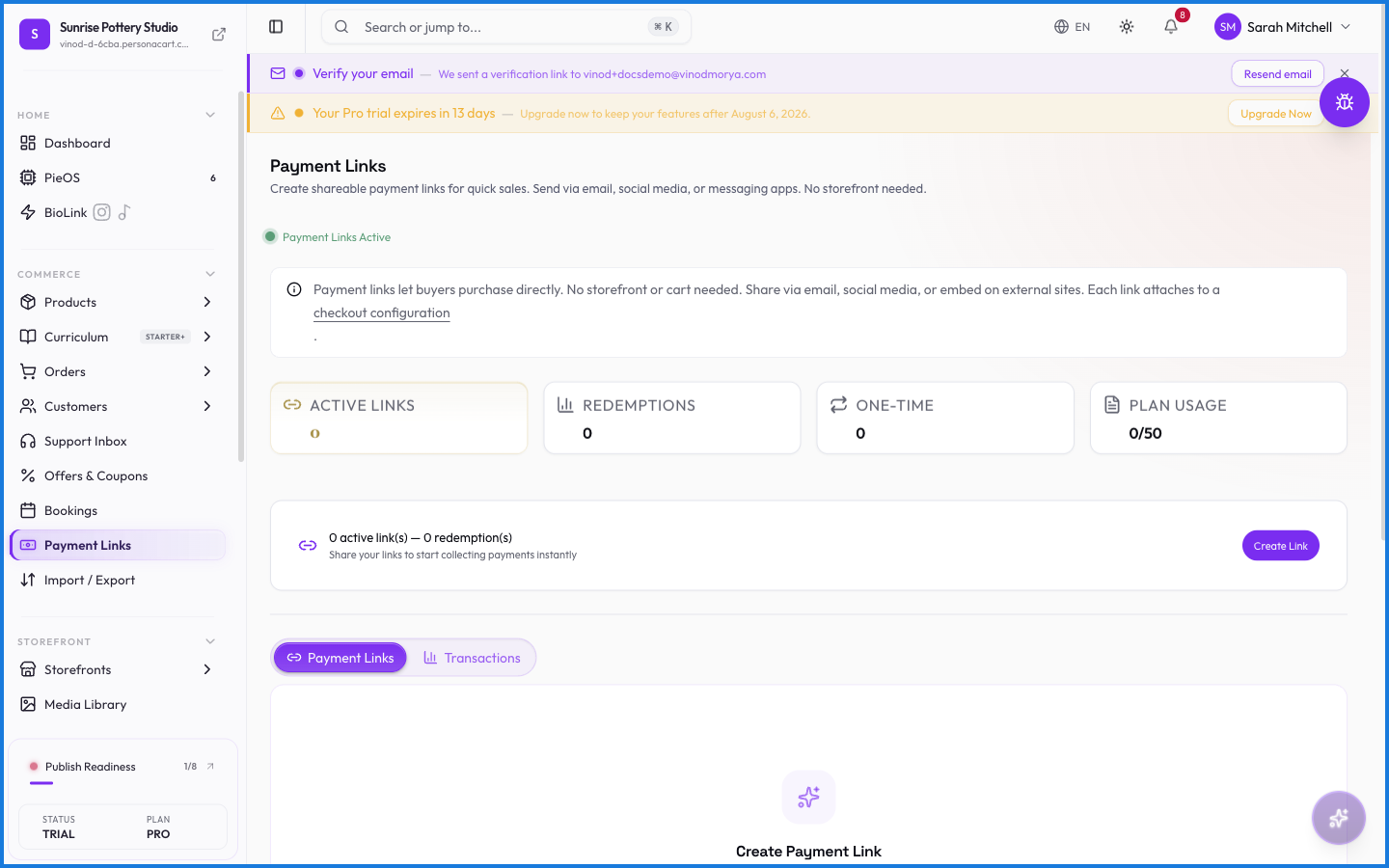 The Payment Links page with stats cards for active links, redemptions, and plan usage, above a table of existing links with prices and status