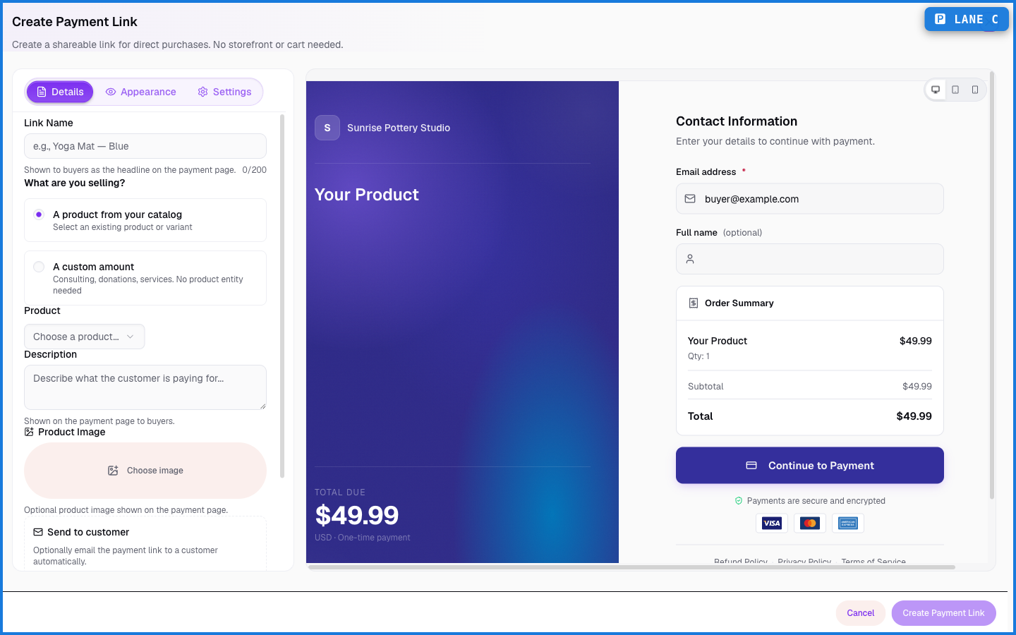 The Create Payment Link dialog with a details form on the left and a live preview of the buyer payment page on the right