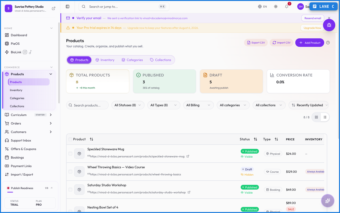 The Products page listing four products with status, type, price, and stock columns, plus filter dropdowns and an Add Product button