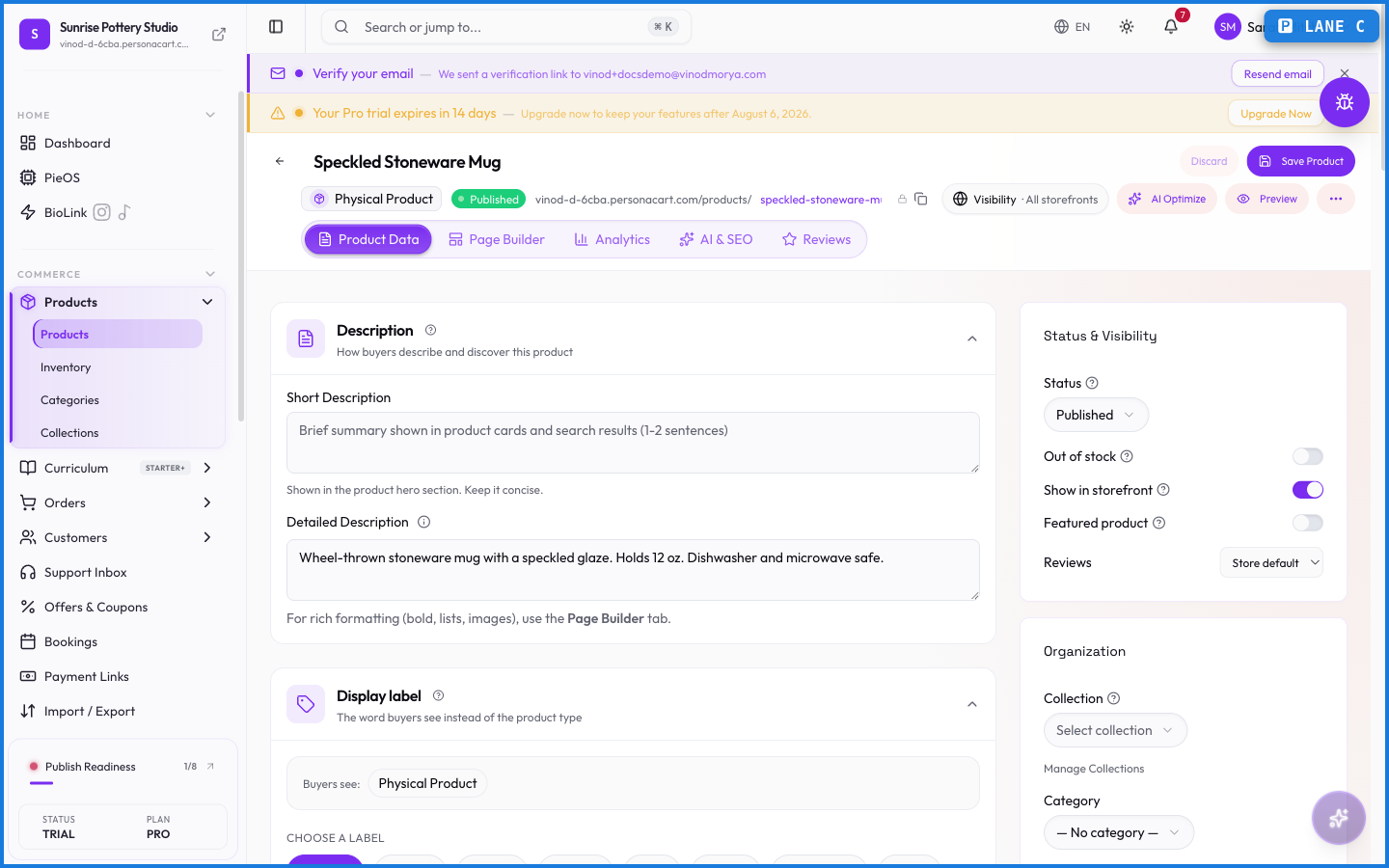 The product editor with tabs for content sections, pricing fields, and Preview, Archive, and Save buttons in the header