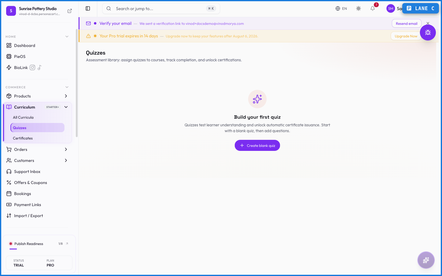 The Quizzes area of the curriculum tools, listing quizzes or the upgrade prompt on plans without course features