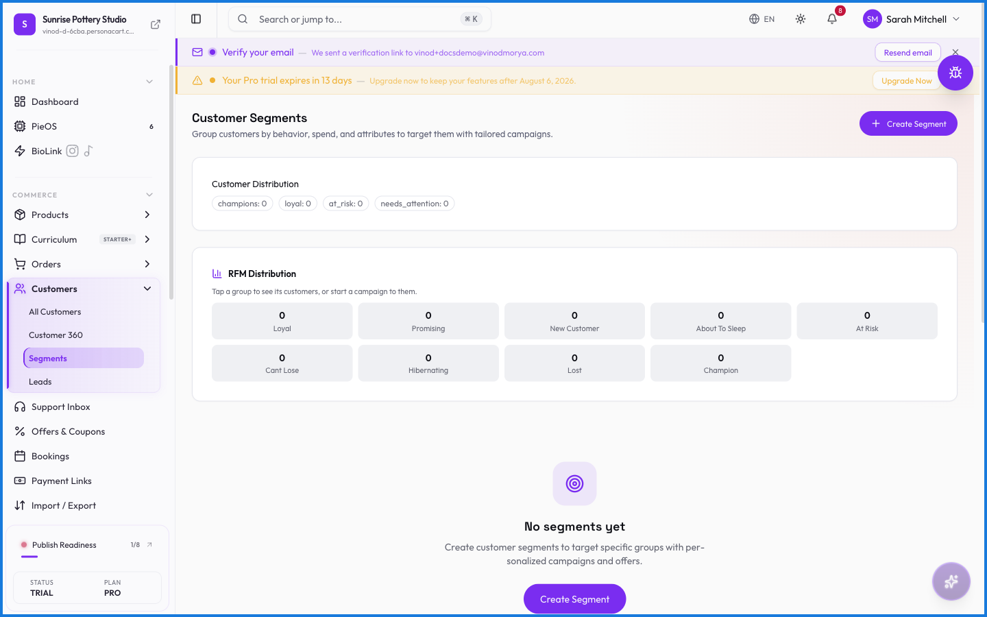 The Segments page listing customer segments with their member counts and a Create Segment button