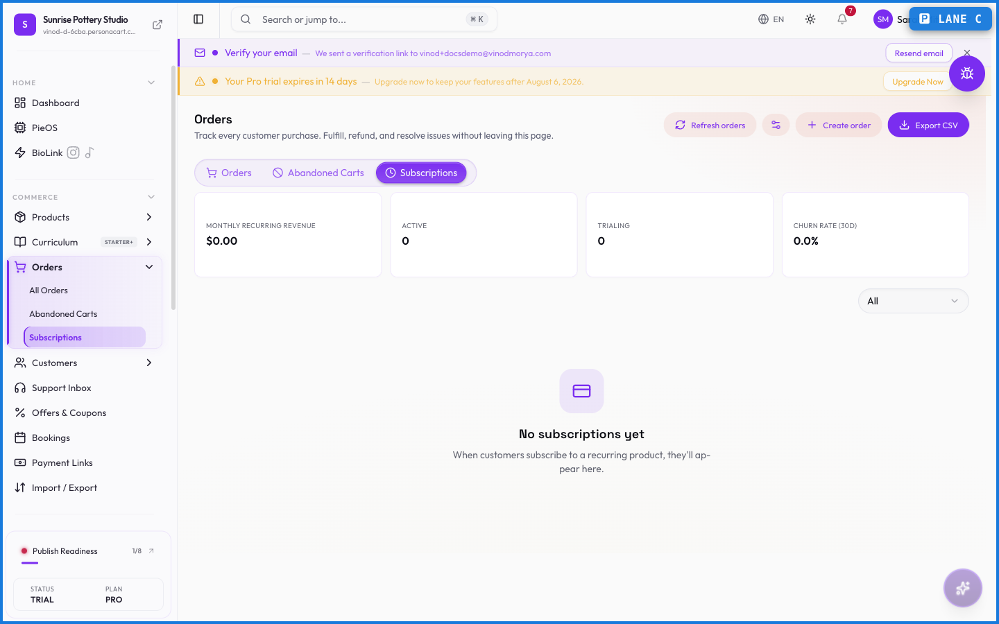 The Subscriptions tab listing active and cancelled subscriptions with their plans, billing cycles, and renewal dates