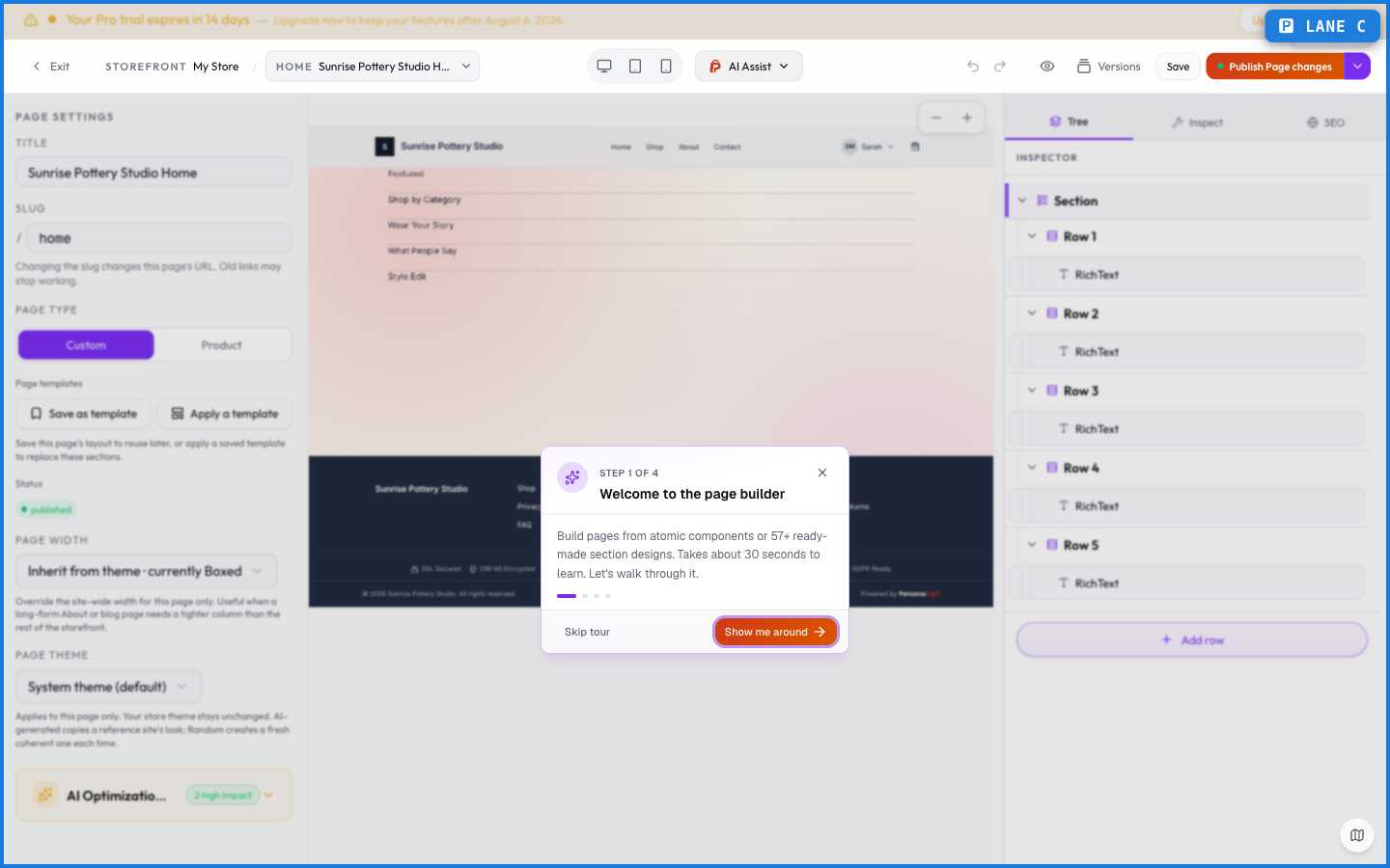 The PersonaCart editor with a page canvas in the center, section content laid out, and editing rails on the sides
