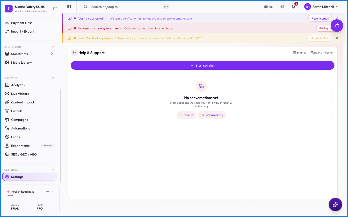 The Help and Support screen with Email us, Book a meeting, and Start new chat options, plus a list of earlier support conversations with ticket numbers