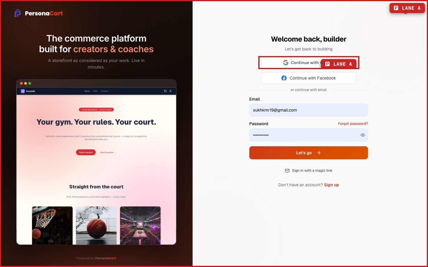 The PersonaCart login page with email and password fields, Google and Facebook sign-in, and a magic link option