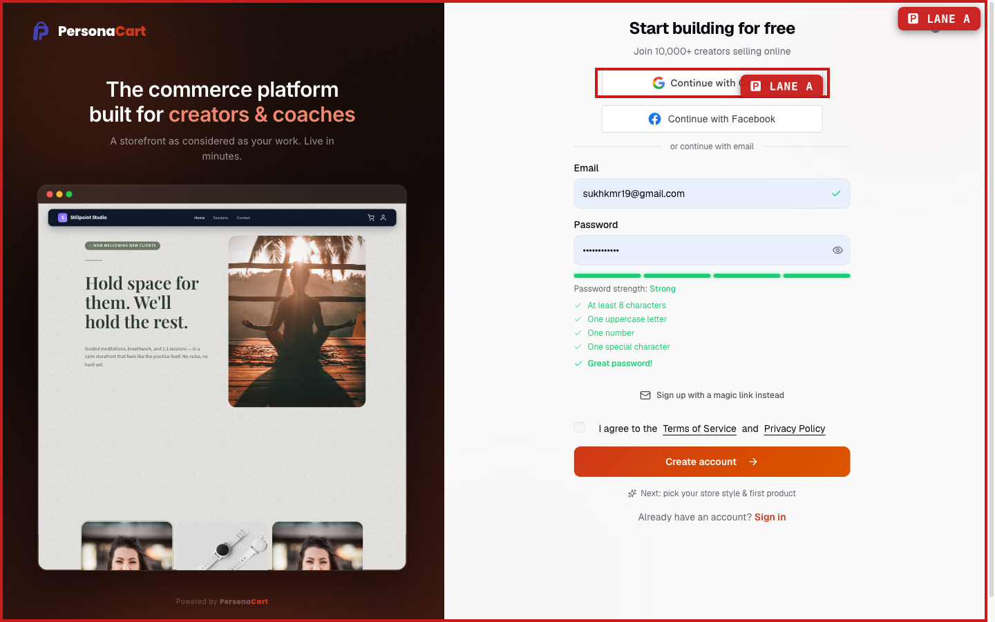 The PersonaCart signup page with email and password fields, Google and Facebook buttons, and a magic link option