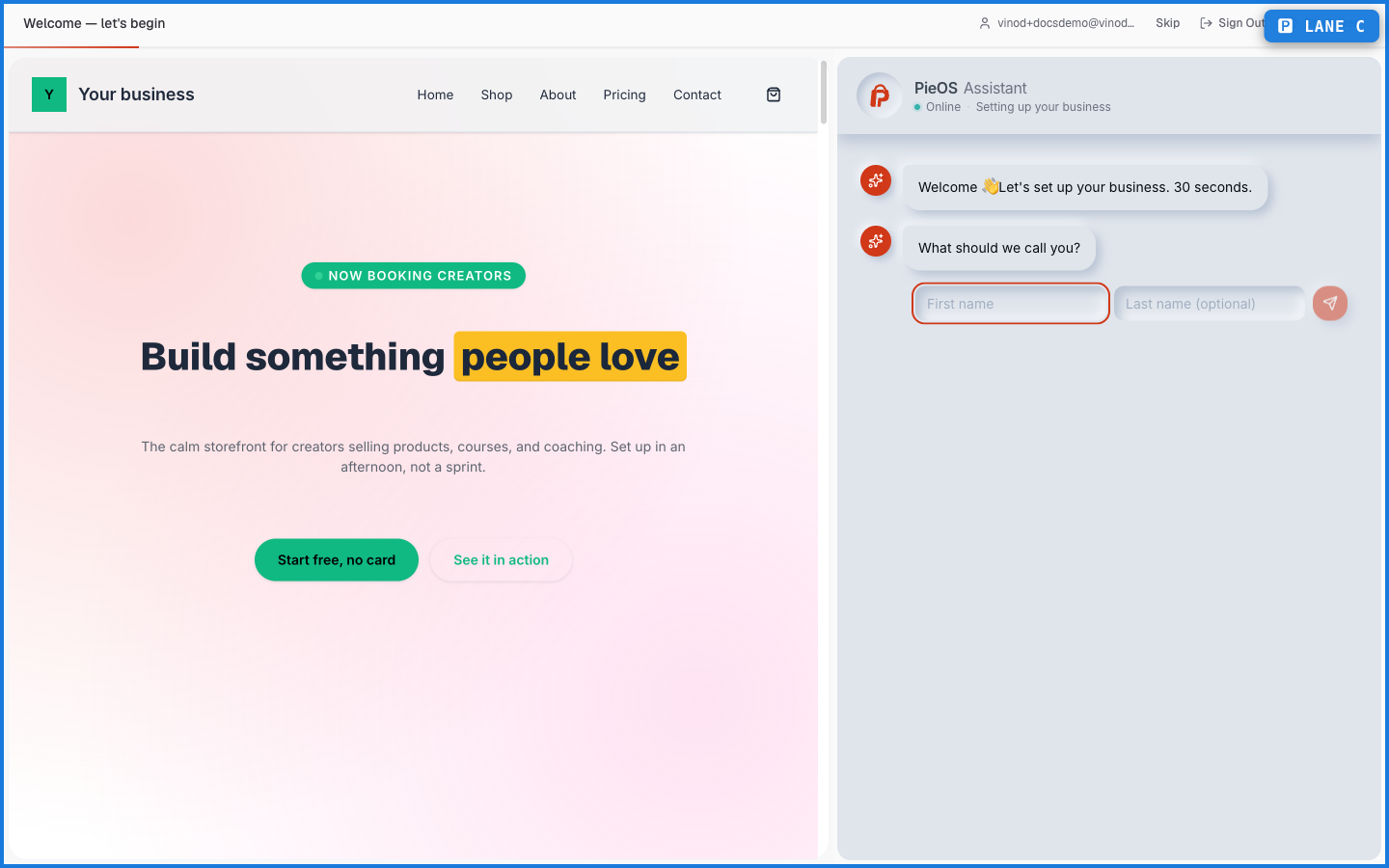 PersonaCart onboarding with a storefront preview on the left and the PieOS setup chat on the right asking for your name