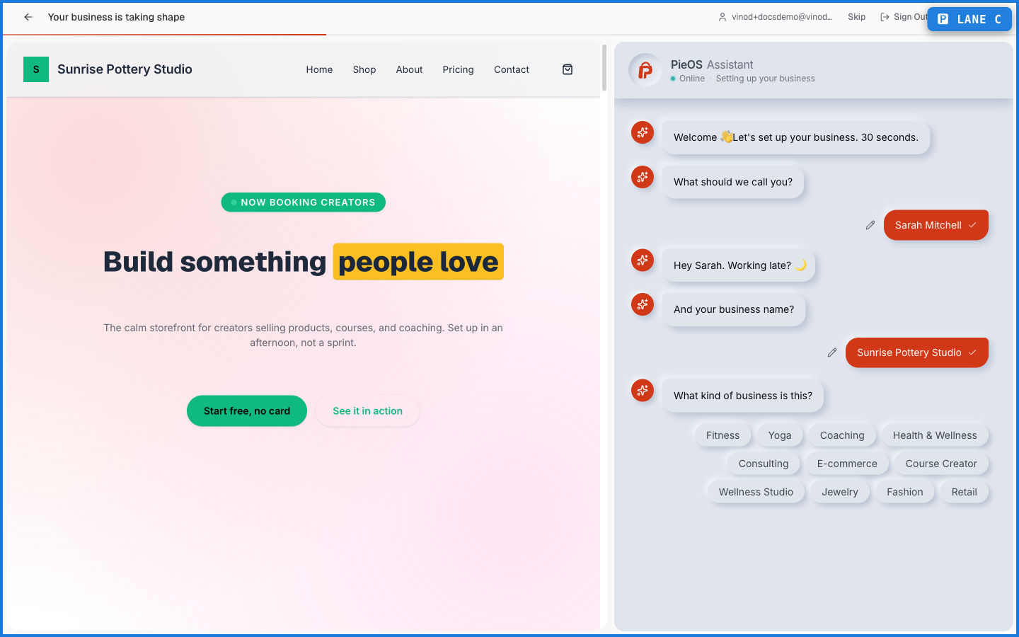 The business type step in onboarding, showing selectable chips like Coaching, E-commerce, and Course Creator