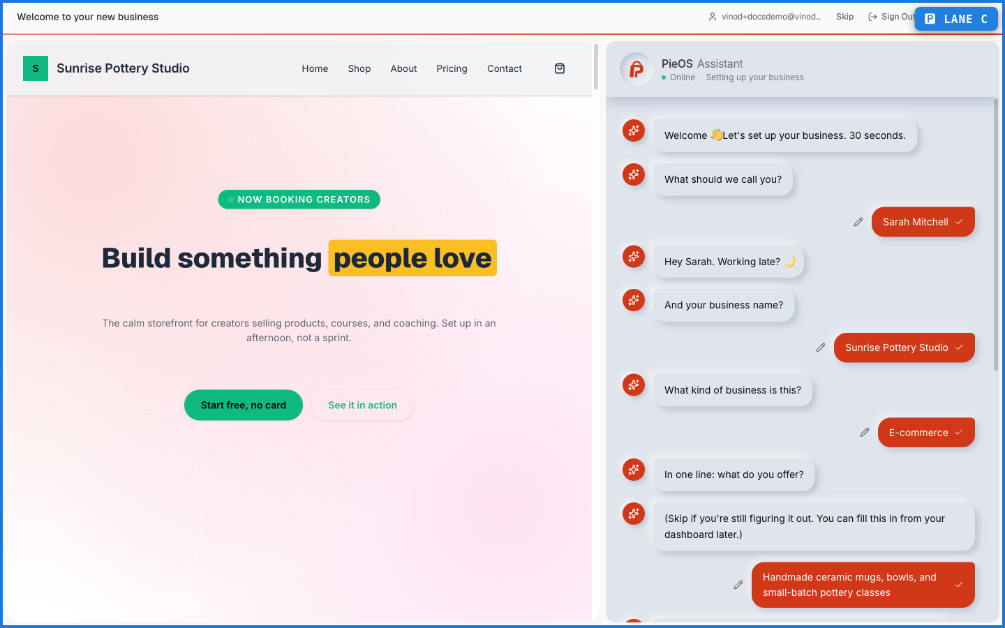 The place of business step with country selector, timezone, and currency fields