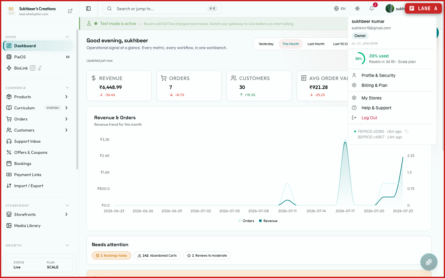 The profile menu open in the top right, showing theme options, a usage meter, Profile and Security, Billing and Plan, My Stores, Help and Support, and Log Out