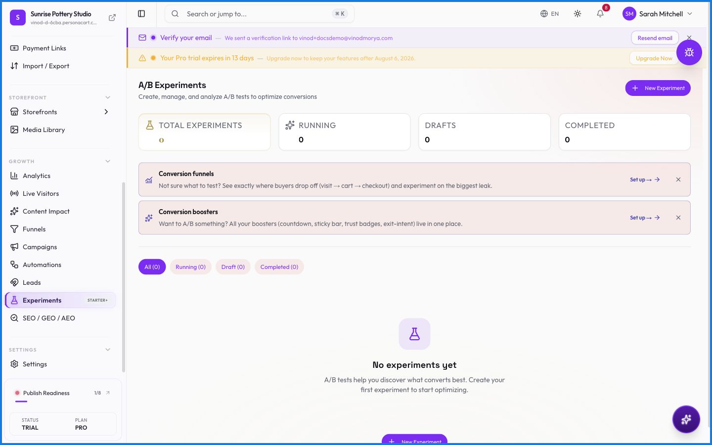 The Experiments page for setting up A/B tests between storefront variations, or the upgrade prompt on plans without it
