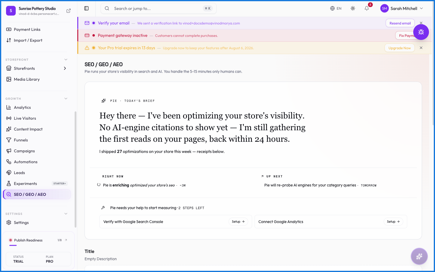 The SEO, GEO and AEO settings for controlling meta tags, structured data, and store discoverability