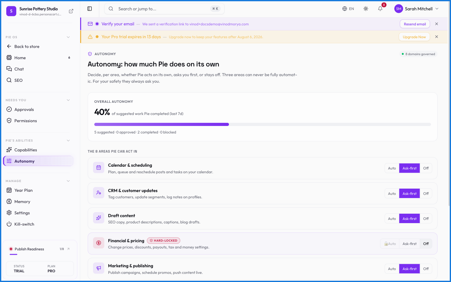 The Autonomy settings for choosing how independently PieOS operates