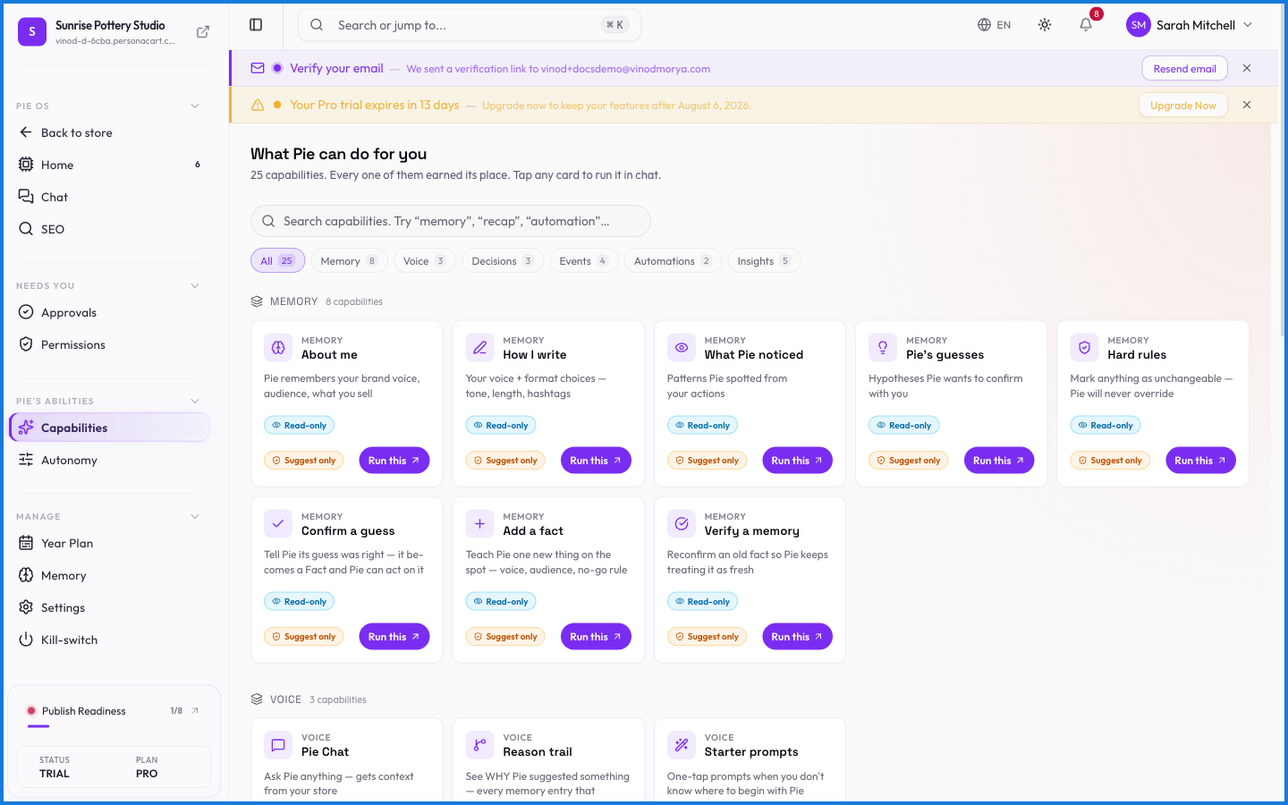The Capabilities page listing what PieOS can do, grouped by area, with toggles