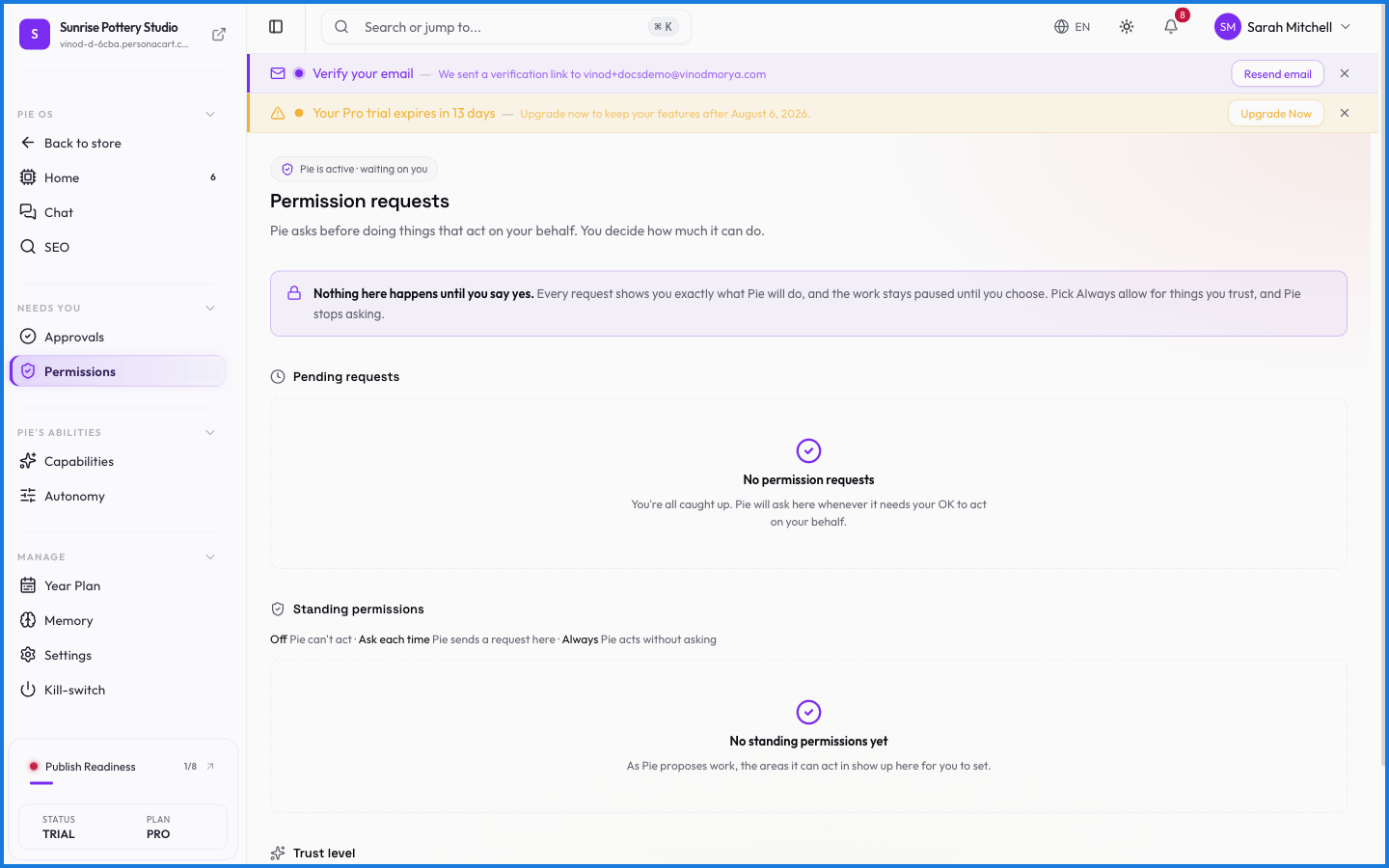 The Permissions page for granting and revoking what PieOS can access in the store