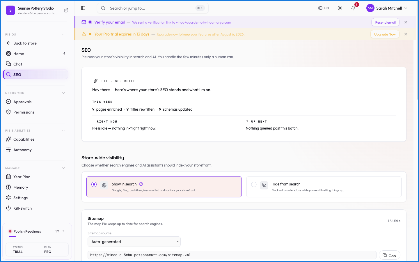 The PieOS SEO agent proposing search and discoverability improvements to store pages