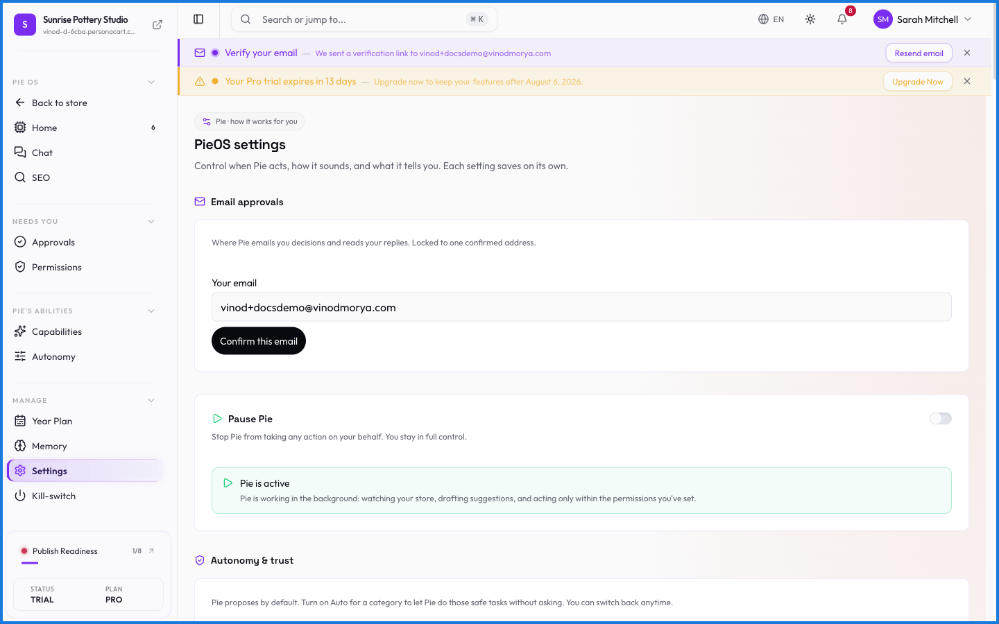 The PieOS settings page for configuring the business operating system's behavior and defaults