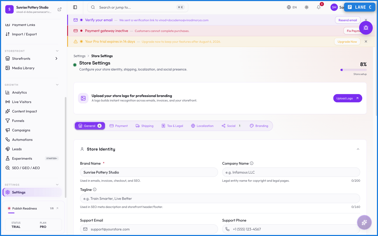 The Store Settings page for setting store name, logo, and brand identity