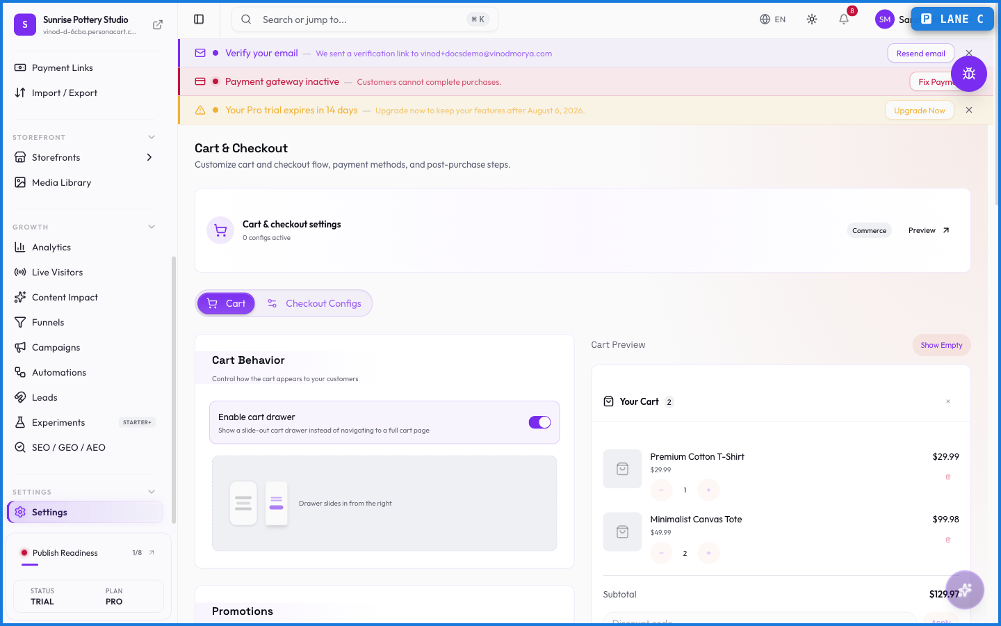 The Cart and Checkout settings page for configuring the cart drawer and checkout fields