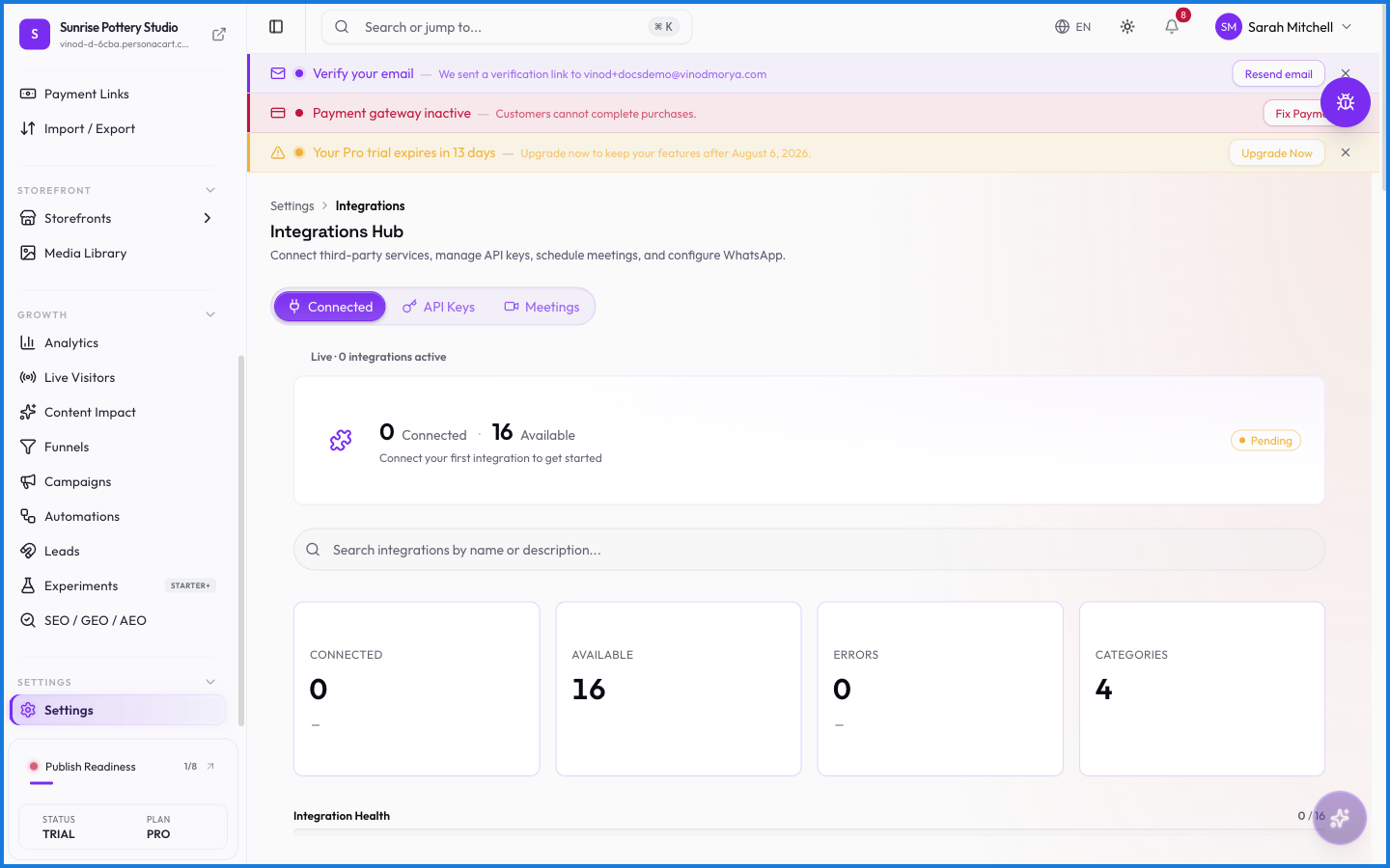 The Integrations settings page showing connected third-party services