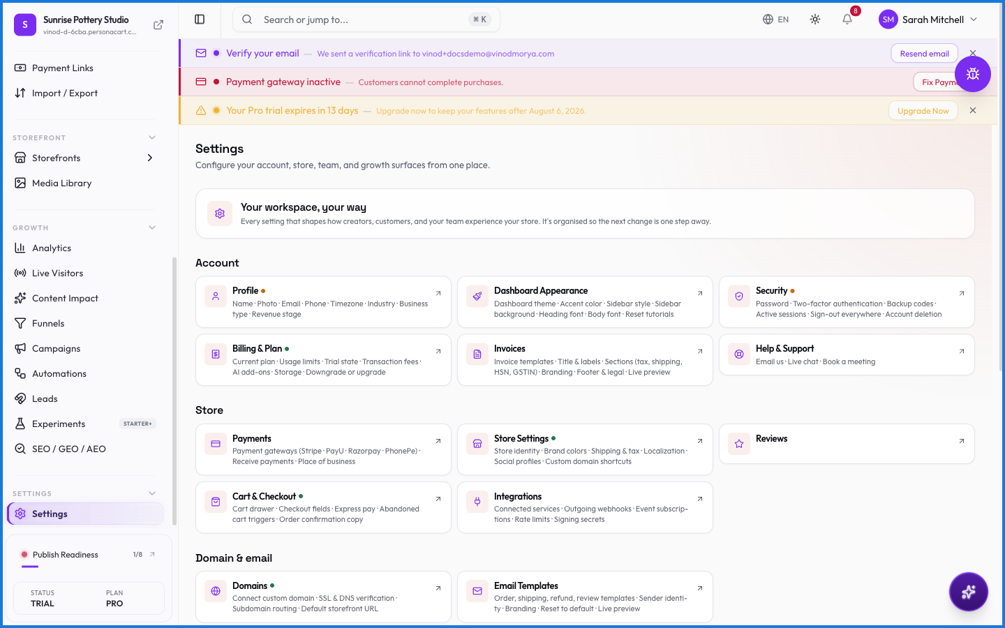 The Settings hub showing cards for billing, payments, store, team, domains, integrations, and more
