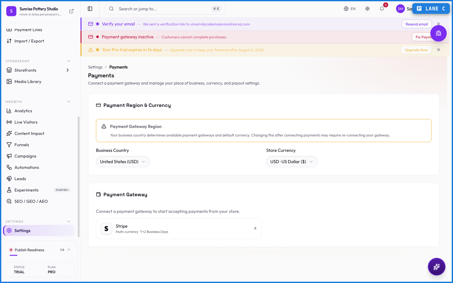 The Payments settings page showing connected gateways like Stripe and a test-mode toggle