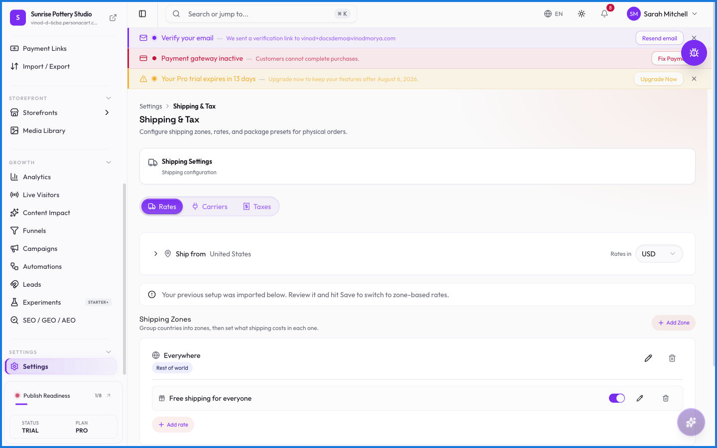 The Shipping settings page for configuring rates and zones for physical products