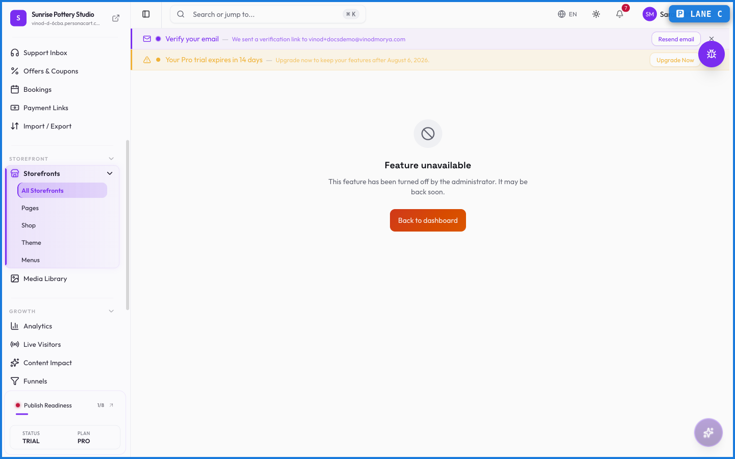 The Content area of the storefront, where supporting page content is managed