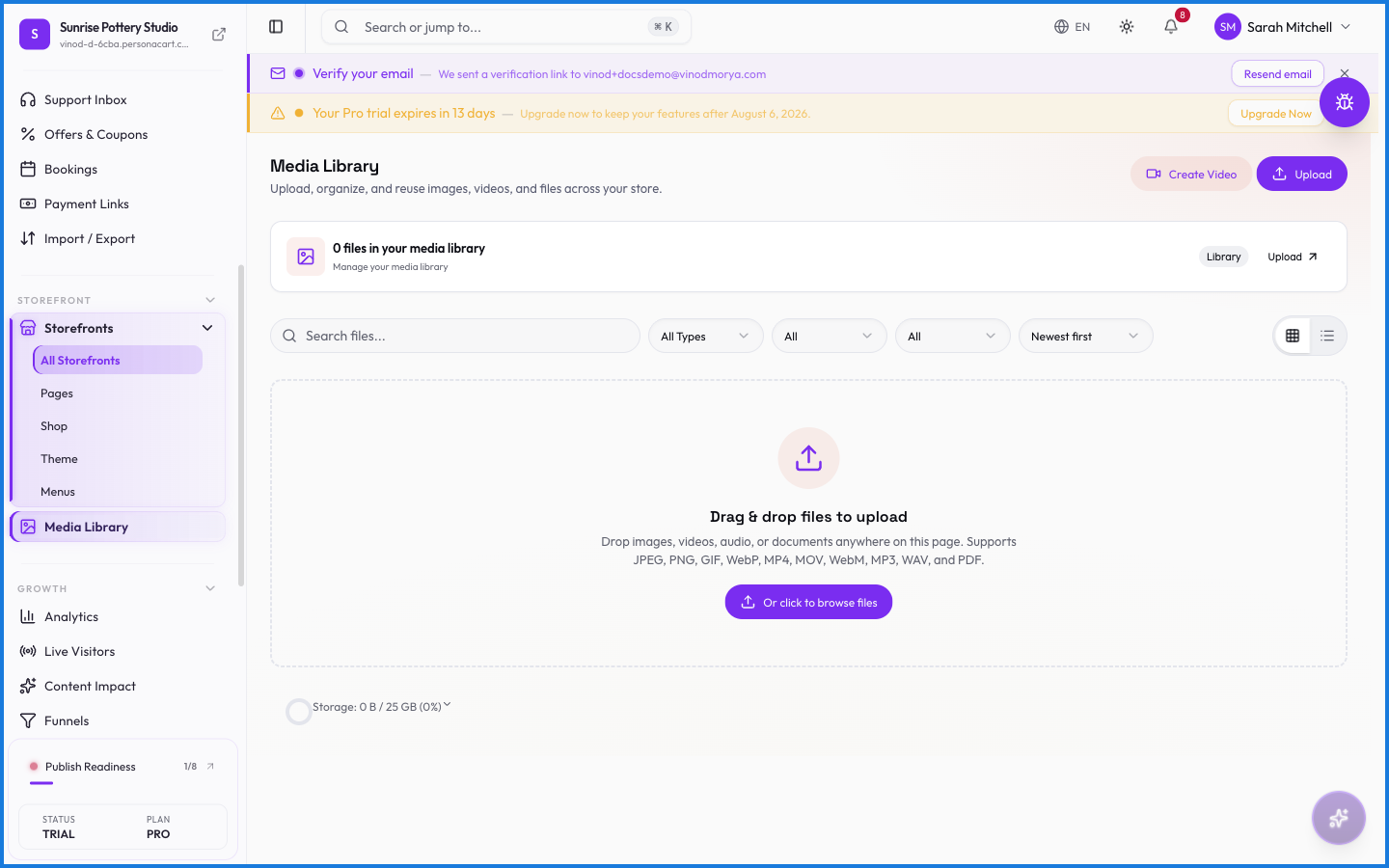 The Media Library showing uploaded files in a grid, a storage usage bar, and an Upload button