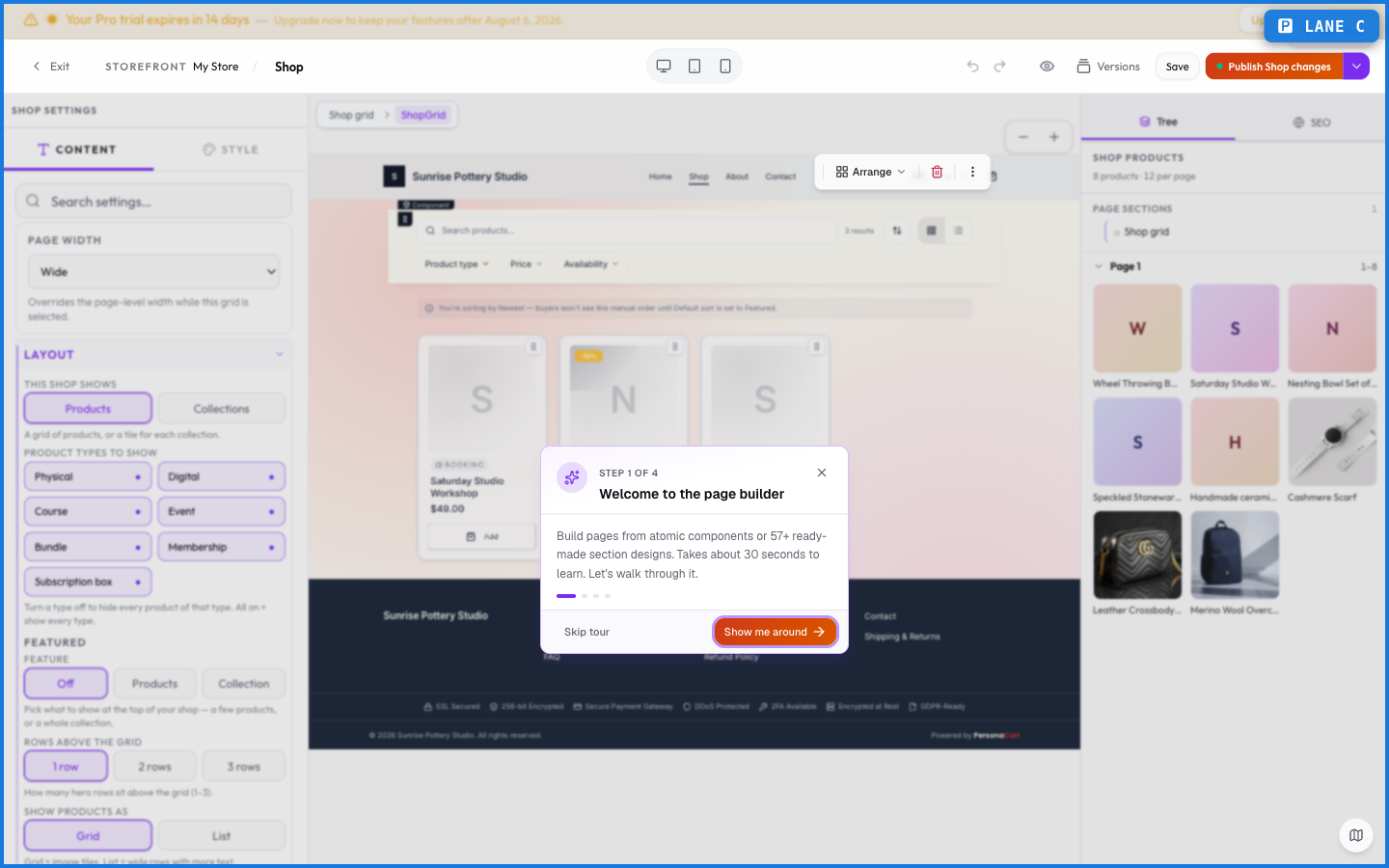 The Shop configuration view showing the storefront's product listing with collections and layout options