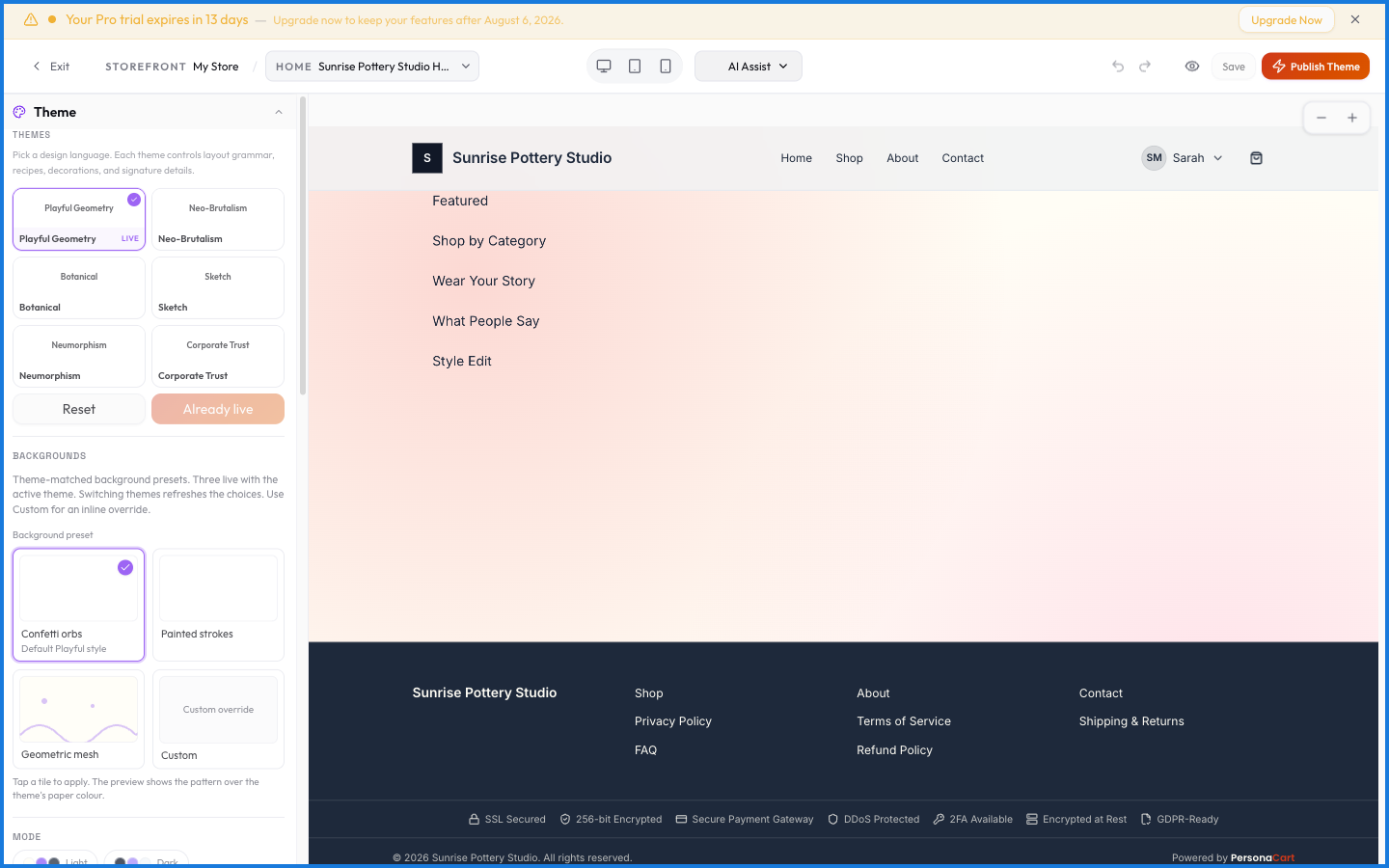 The Theme Editor with a settings panel of tabs on the left and a live storefront preview on the right